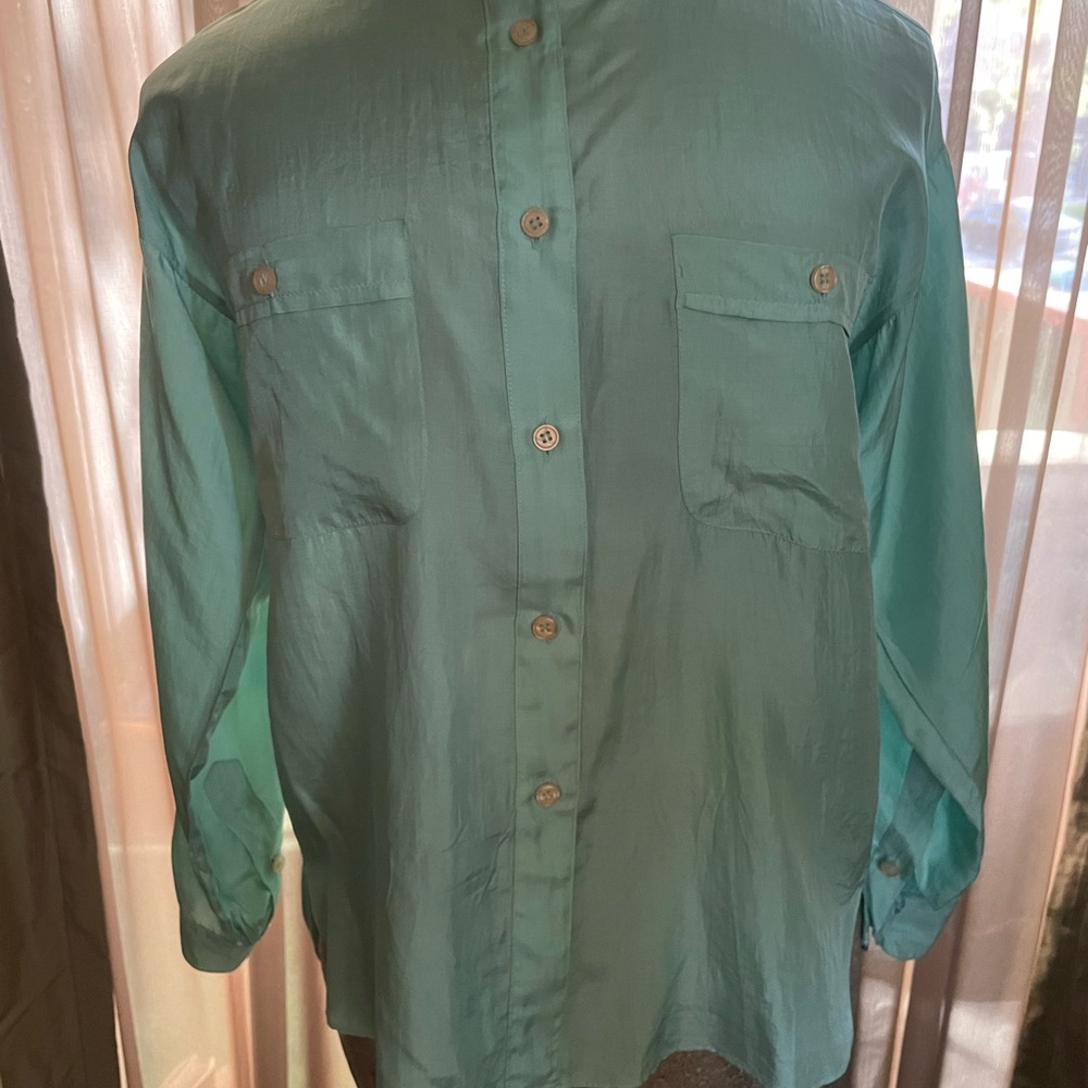 Kenar vintage silk collarless button front blouse in sea foam blue